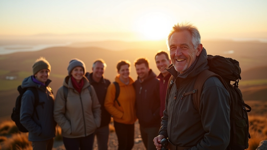 Group of mixed-age hikers standing together at mountain summit viewpoint, smiling, celebratory poses, panoramic landscape vista behind them