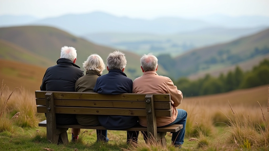 Group of hikers of varying ages resting on a bench overlooking mountain scenery